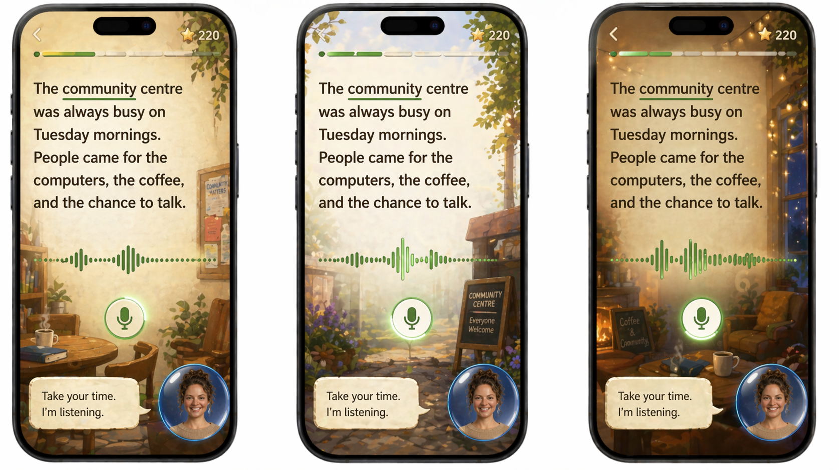 Three phone screens showing the reading aloud module with Emmy as Coach, across three warm indoor settings.